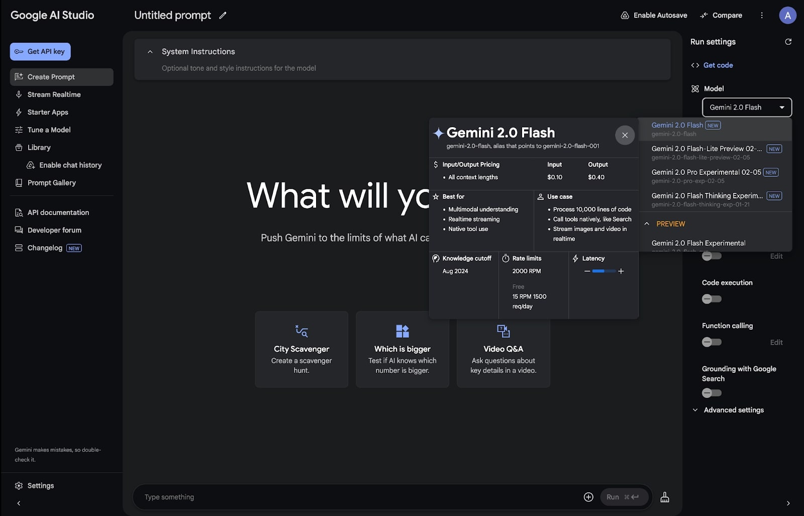 Screenshot of Google AI Studio showcasing the "Gemini 2.0 Flash" model options and system instructions panel.