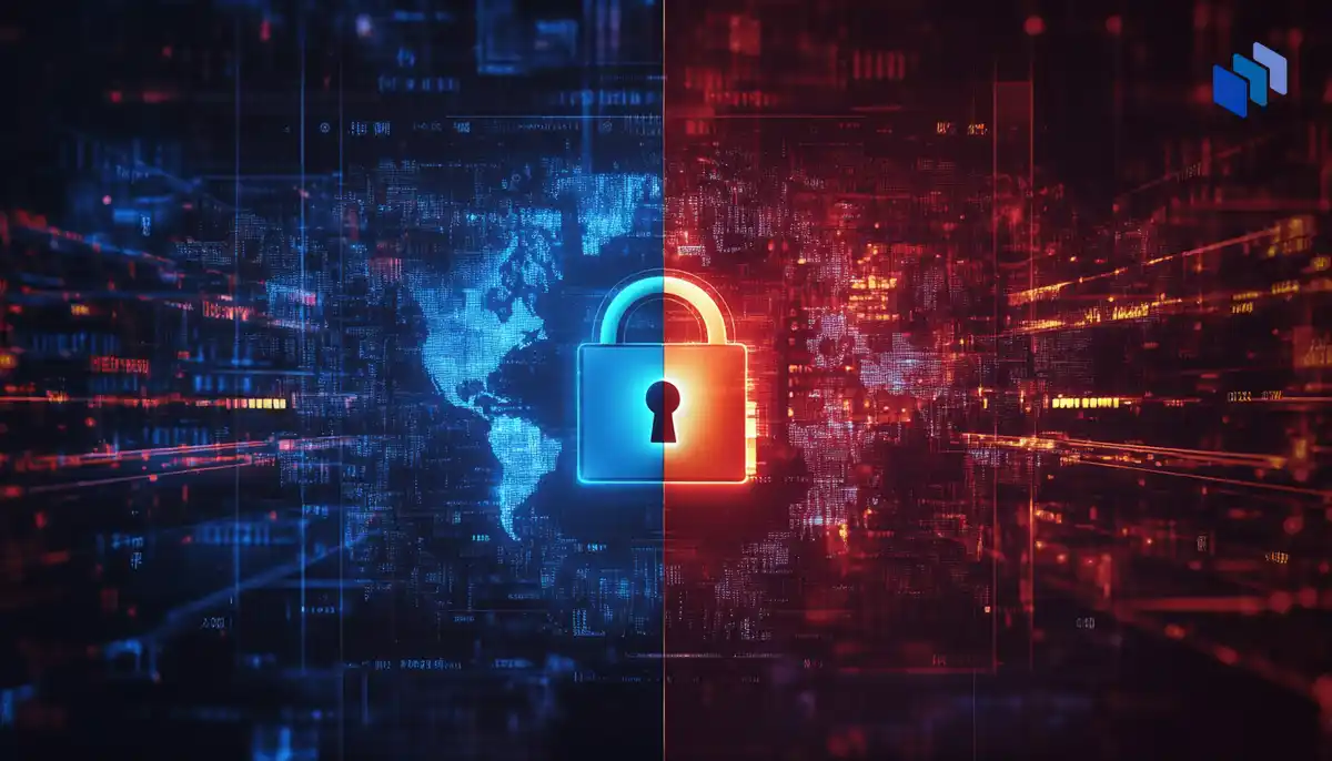 A digital lock symbol divides a glowing world map into blue and red sections, representing data protection and privacy laws.