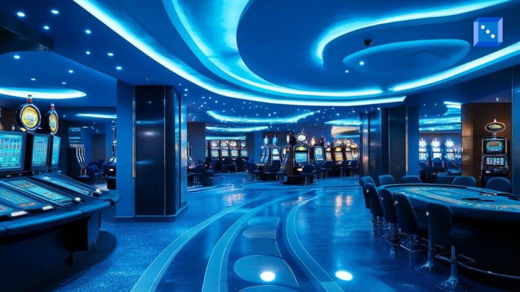 Modern casino interior with glowing blue lights, slot machines, and gaming tables, creating a futuristic and luxurious gambling atmosphere.