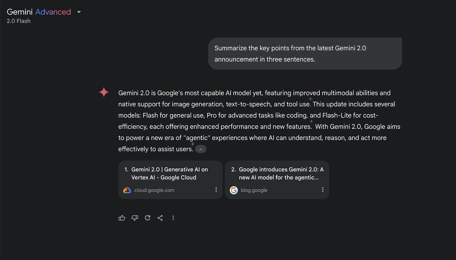 Screenshot of a text interface discussing Google Gemini 2.0's advanced AI models, summarizing features and capabilities of the update.