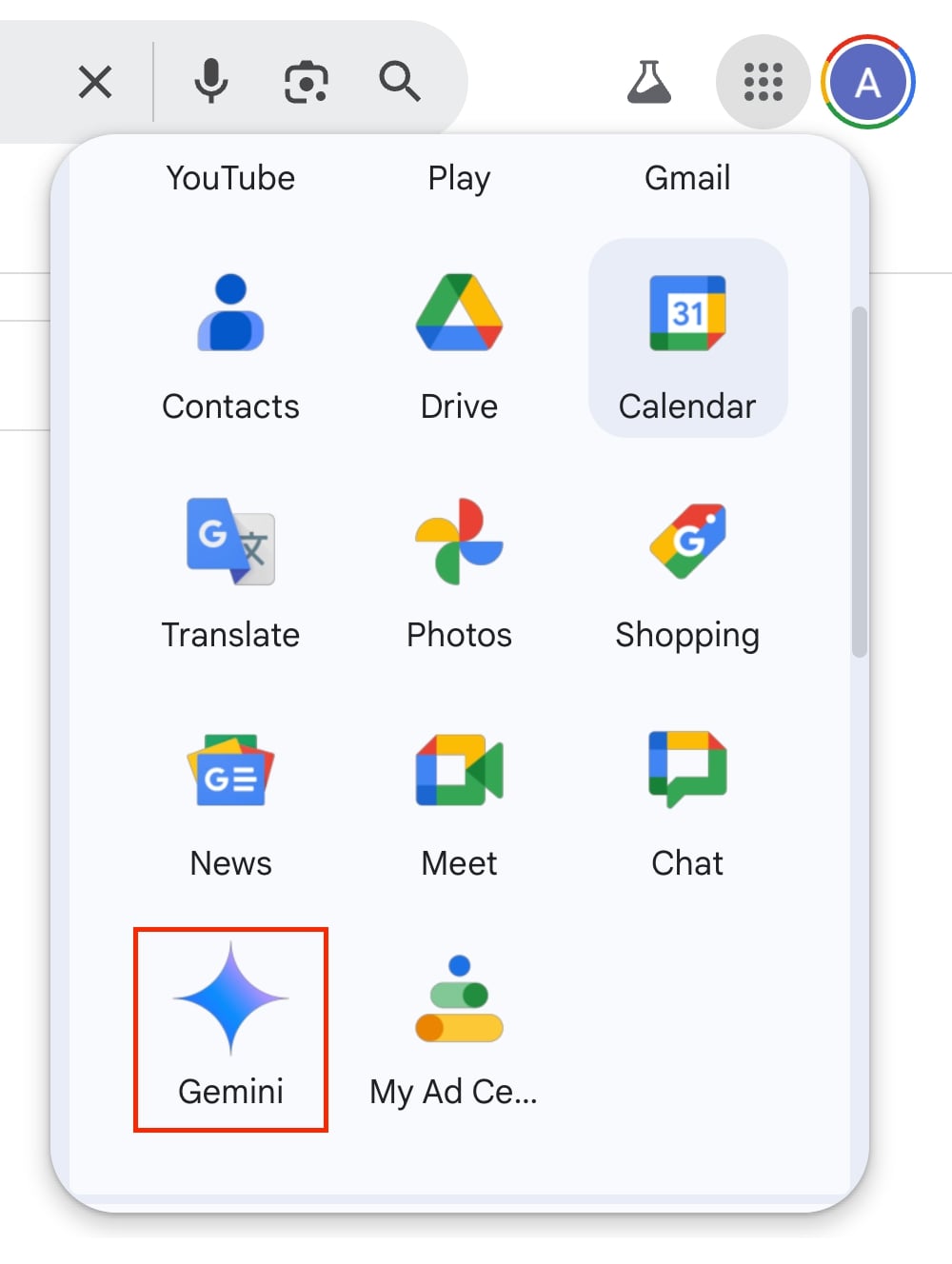Screenshot of Google app launcher showing various apps including a highlighted "Gemini" icon in red outline.