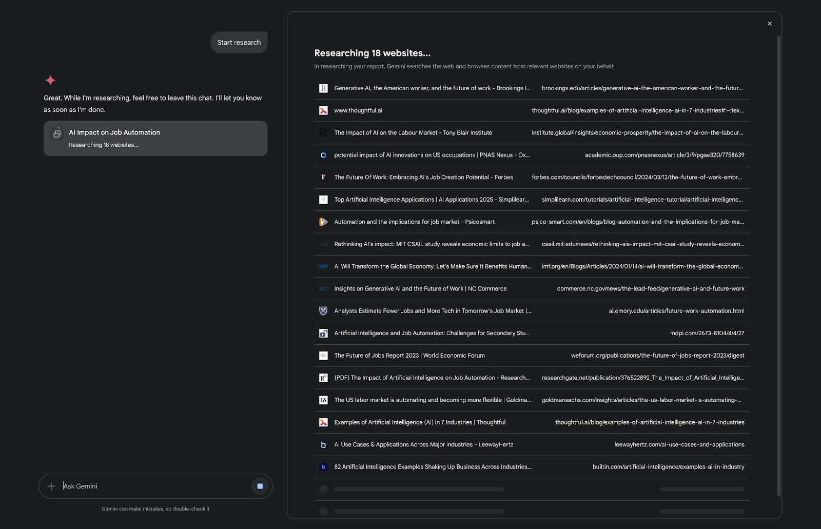 A screenshot of Gemini's research interface displaying a conversation about job automation, with a list of 18 websites being analyzed.