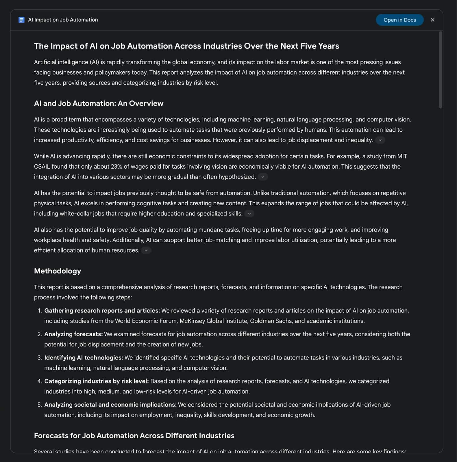 A detailed report generated by Gemini on AI's impact on job automation across various industries over five years, analyzing risks and economic implications.