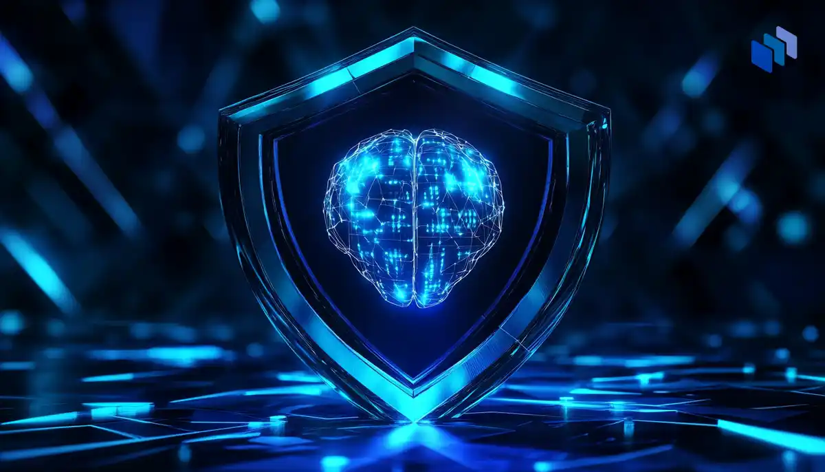 A glowing blue shield with a digital brain design inside, symbolizing artificial intelligence protecting digital data.