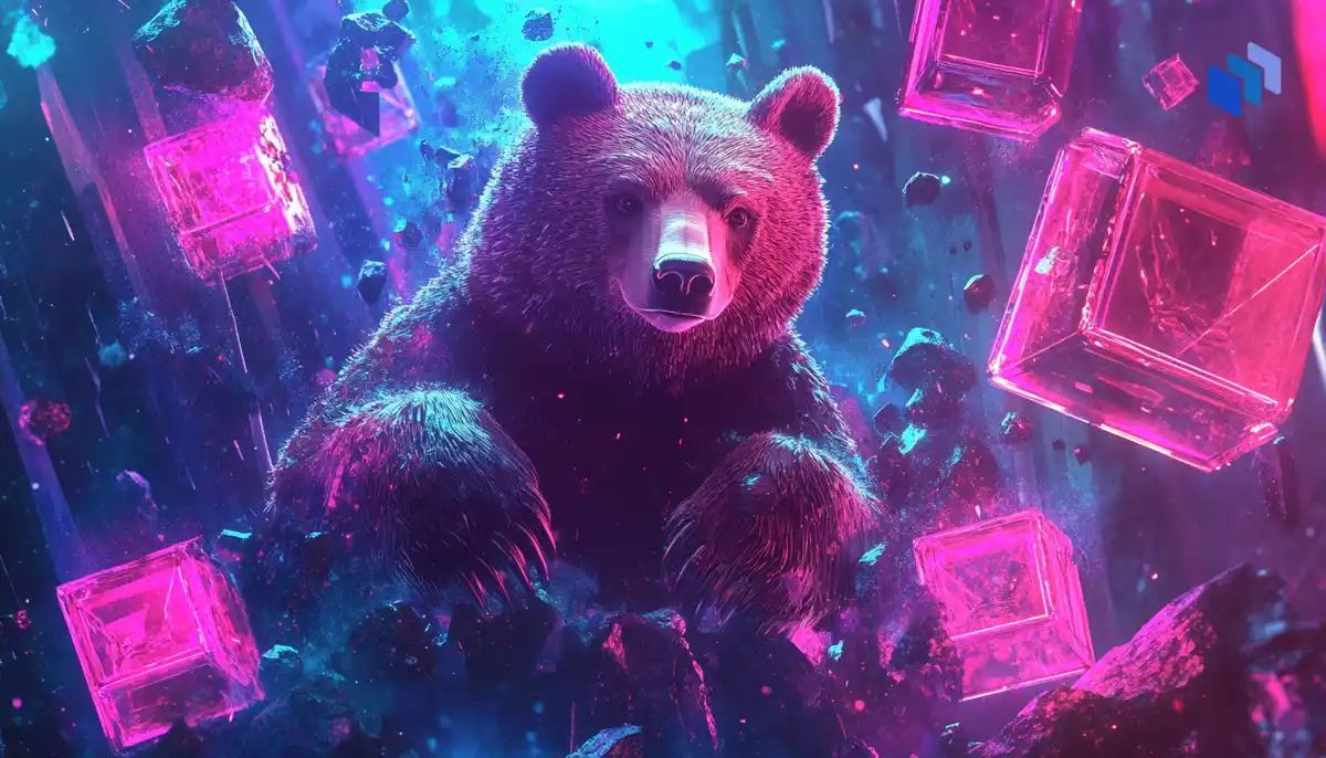 A group of abstract, floating digital cubes symbolizing blockchain, with vibrant neon lights connecting them, and a powerful bear figure in the center.