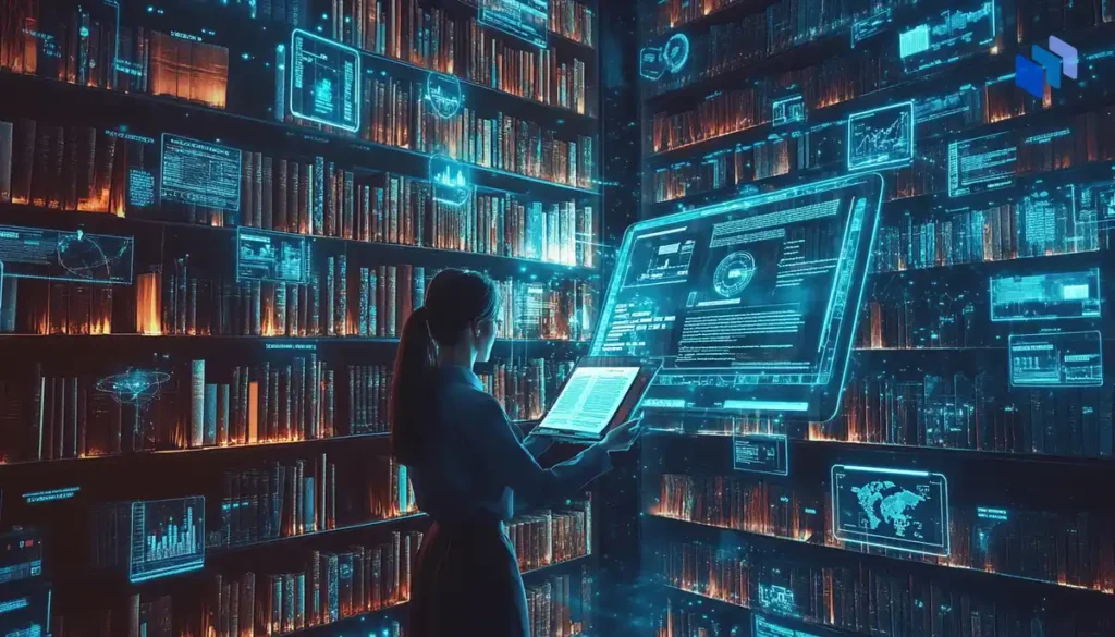 A digital library with shelves of books and holographic data floating in the air. In the center, a researcher is interacting with a floating AI interface.