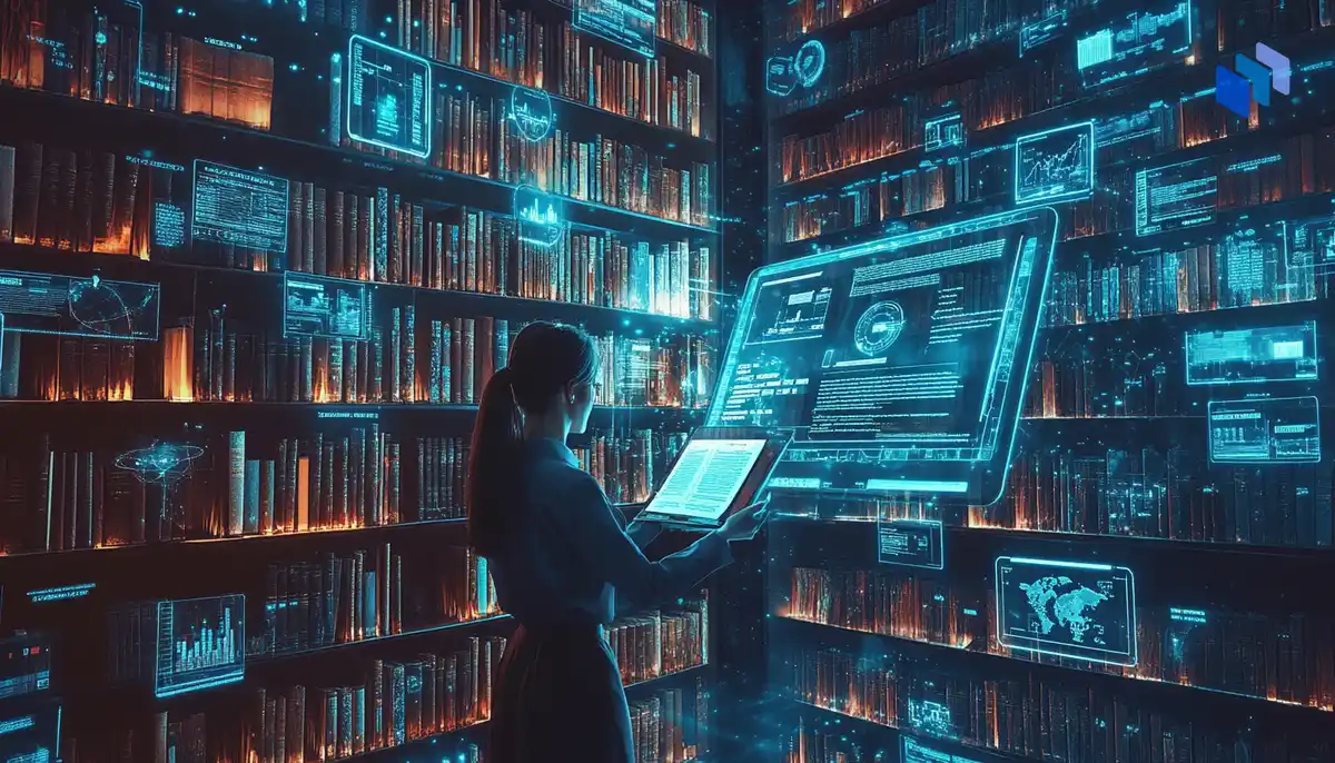 A digital library with shelves of books and holographic data floating in the air. In the center, a researcher is interacting with a floating AI interface.