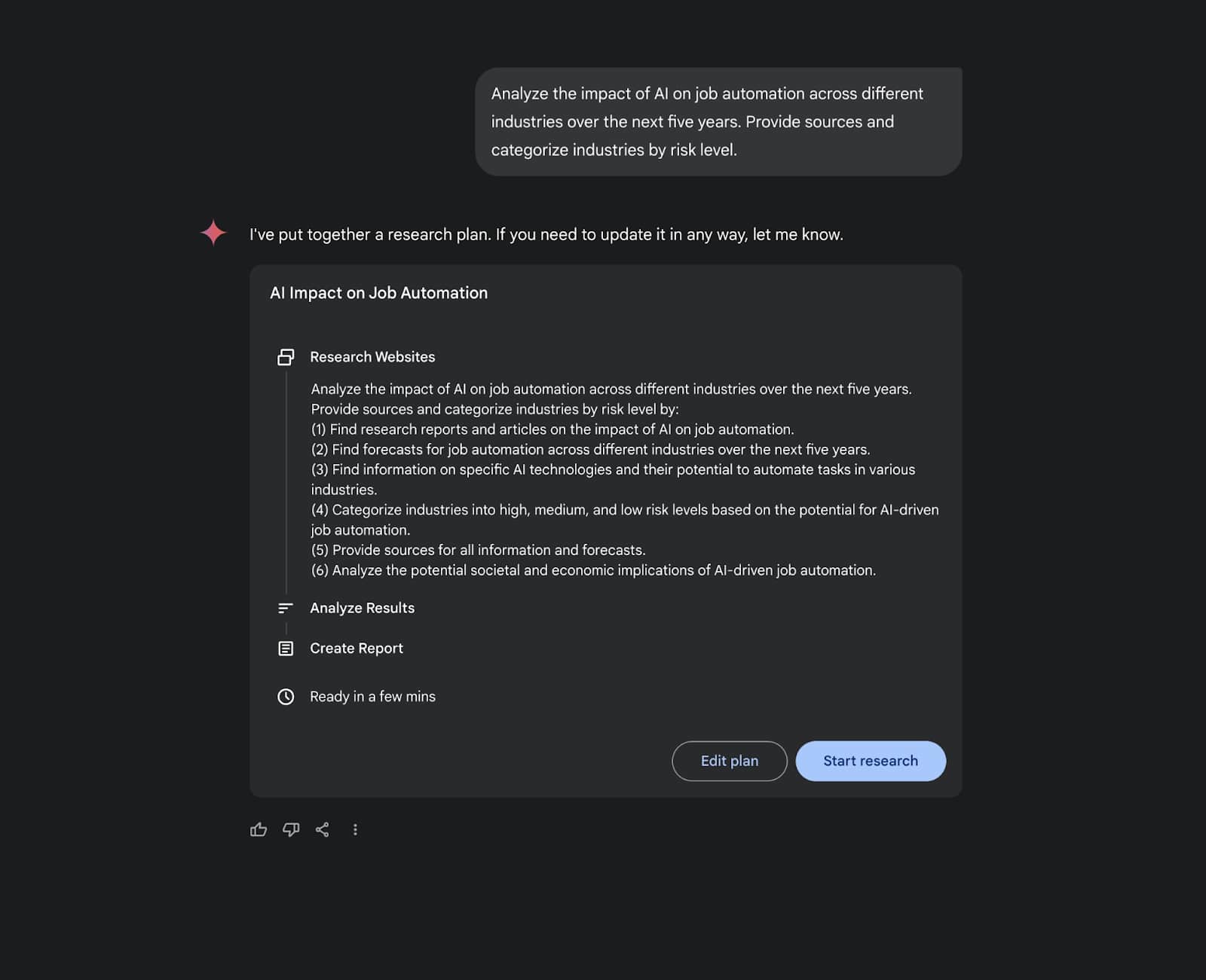 A digital research plan outlining steps to analyze AI's impact on job automation across industries and assess risk levels.