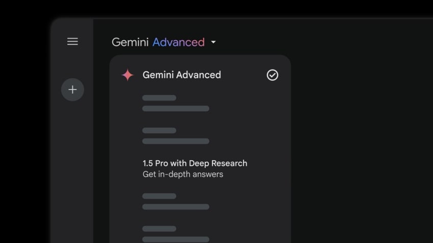 A user interface displaying "Gemini Advanced" with options including "1.5 Pro with Deep Research" on a dark background.