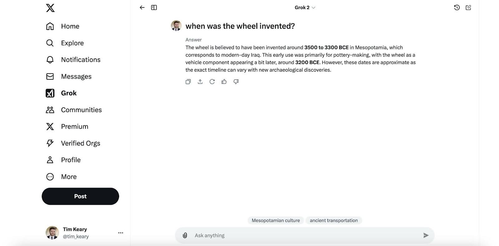 A screenshot of the Grok interface displaying a question about the invention of the wheel, along with a detailed answer about its historical timeline.