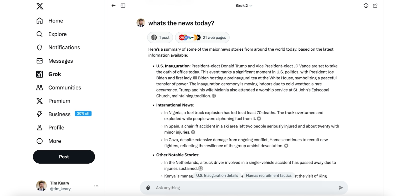 A screenshot of the Grok interface displaying a news summary, highlighting major global events and updates under various categories.