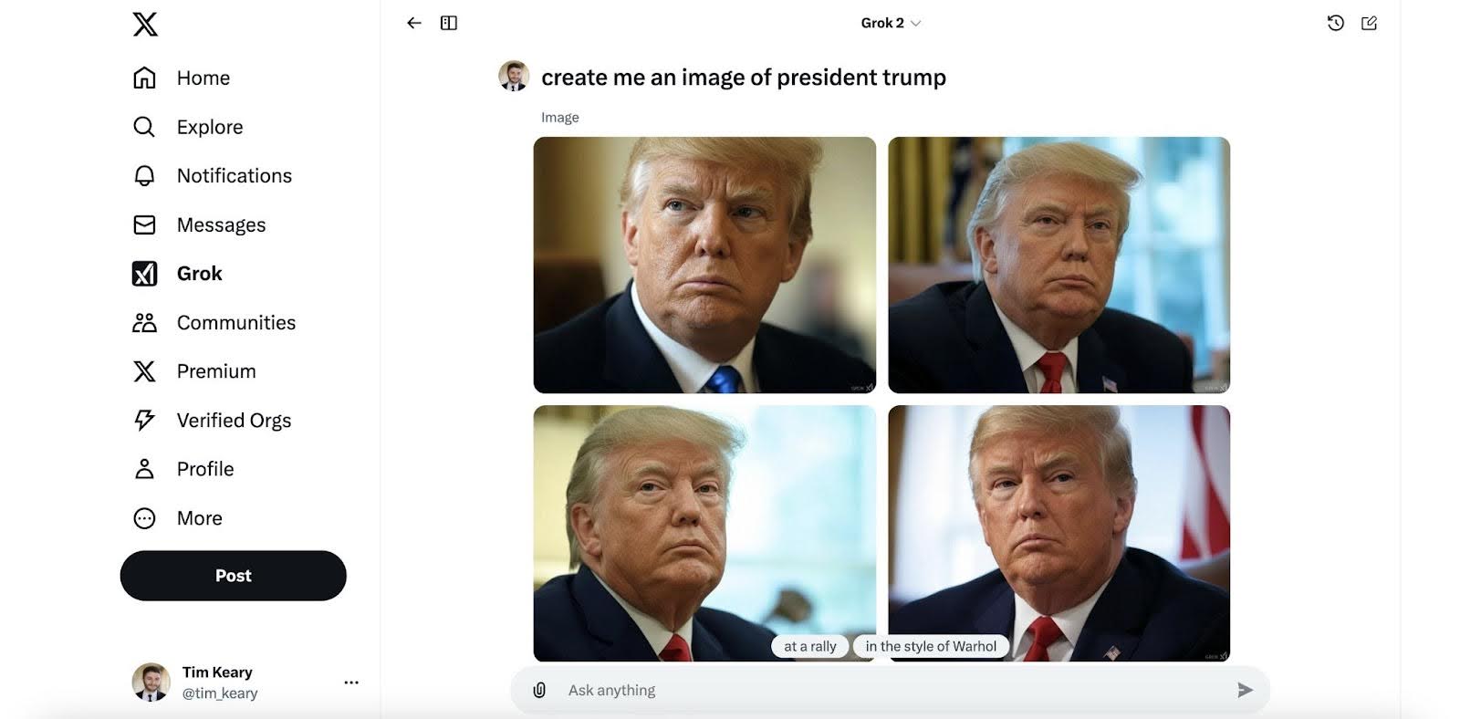 A user requests AI-generated images of a politician in various artistic styles and settings, displayed in a grid format.