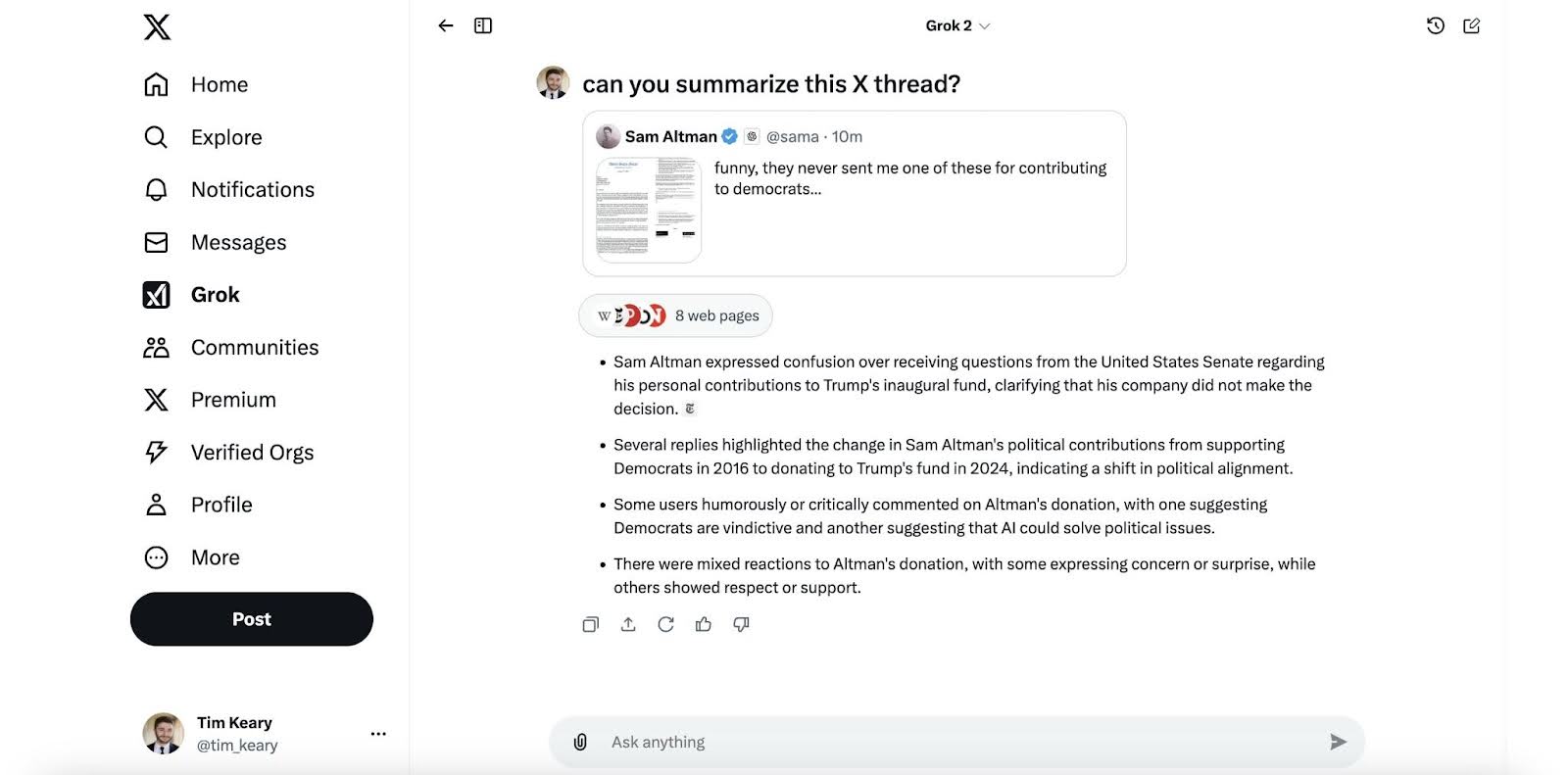 A screenshot of the Grok interface displaying a thread discussing Sam Altman's political contributions and public reactions to them.