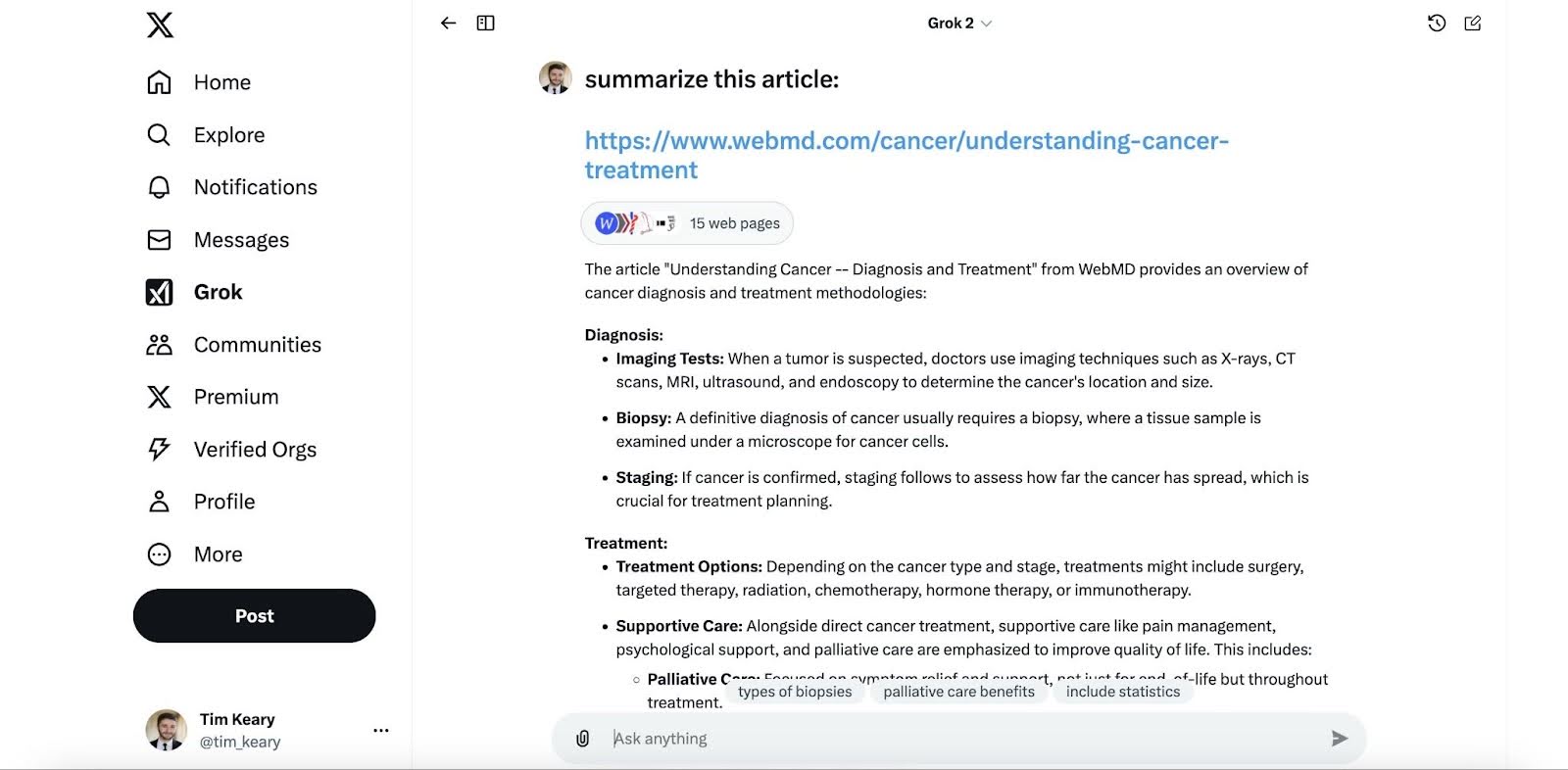 A user interface displays an article summary on cancer diagnosis and treatment, with sections on imaging tests, biopsies, and care options.