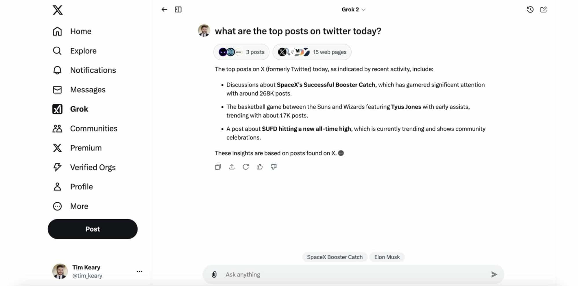 A screenshot of the Grok interface displaying the answer to the question 'What are the top posts on X today?', showing trending topics and posts, including discussions on SpaceX, basketball games, and cryptocurrency.