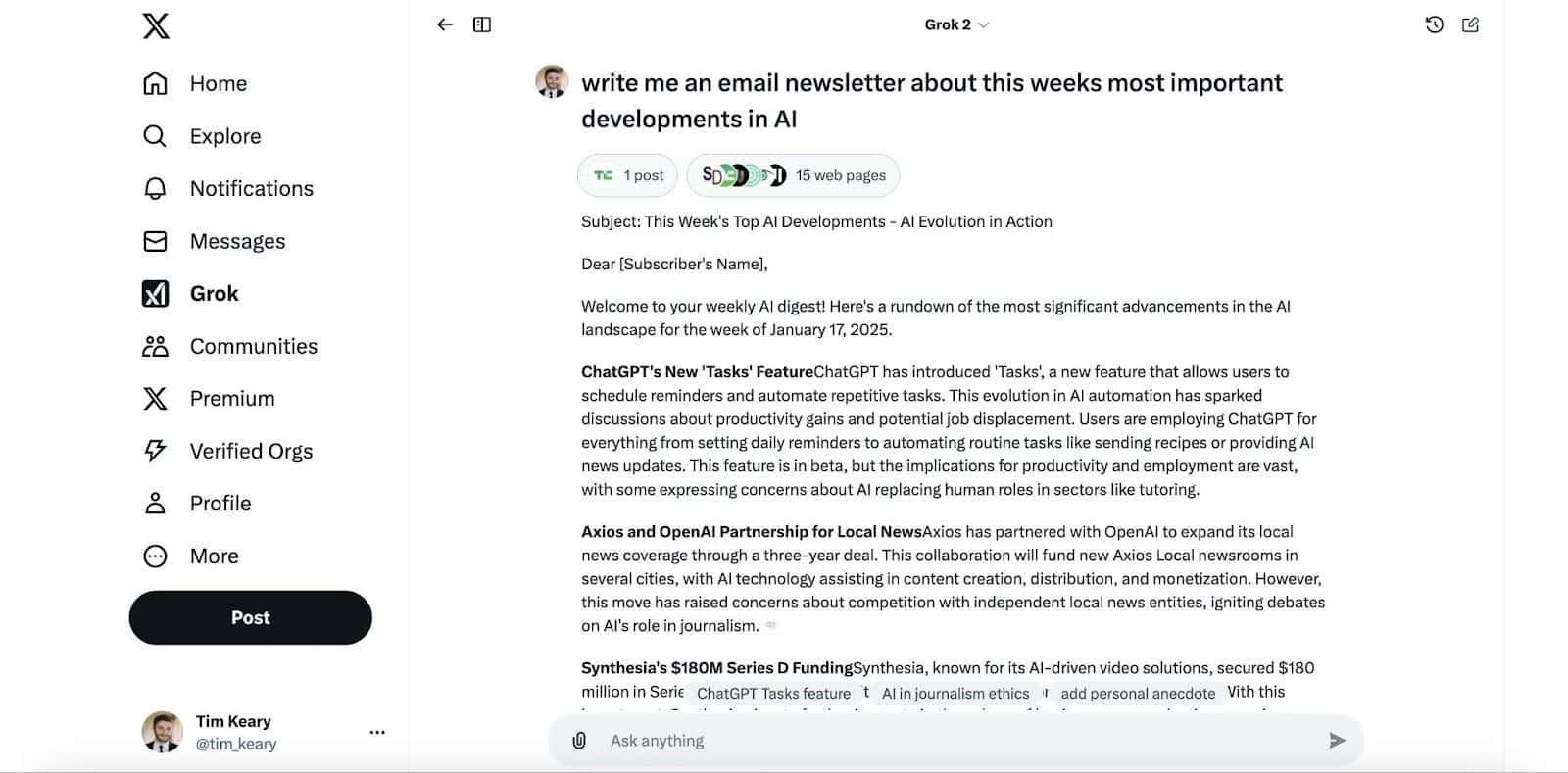 A screenshot of the Grok interface displaying a digital newsletter draft discussing recent advancements in AI, including ChatGPT's new features and partnerships in journalism.