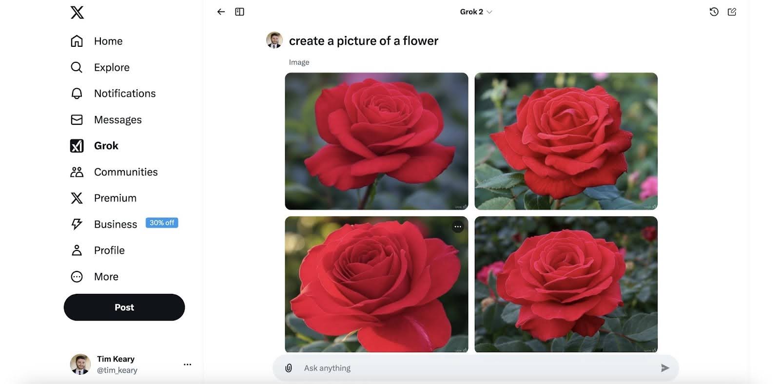Four vibrant red roses displayed in a grid, showcasing their intricate petals and lush green leaves.