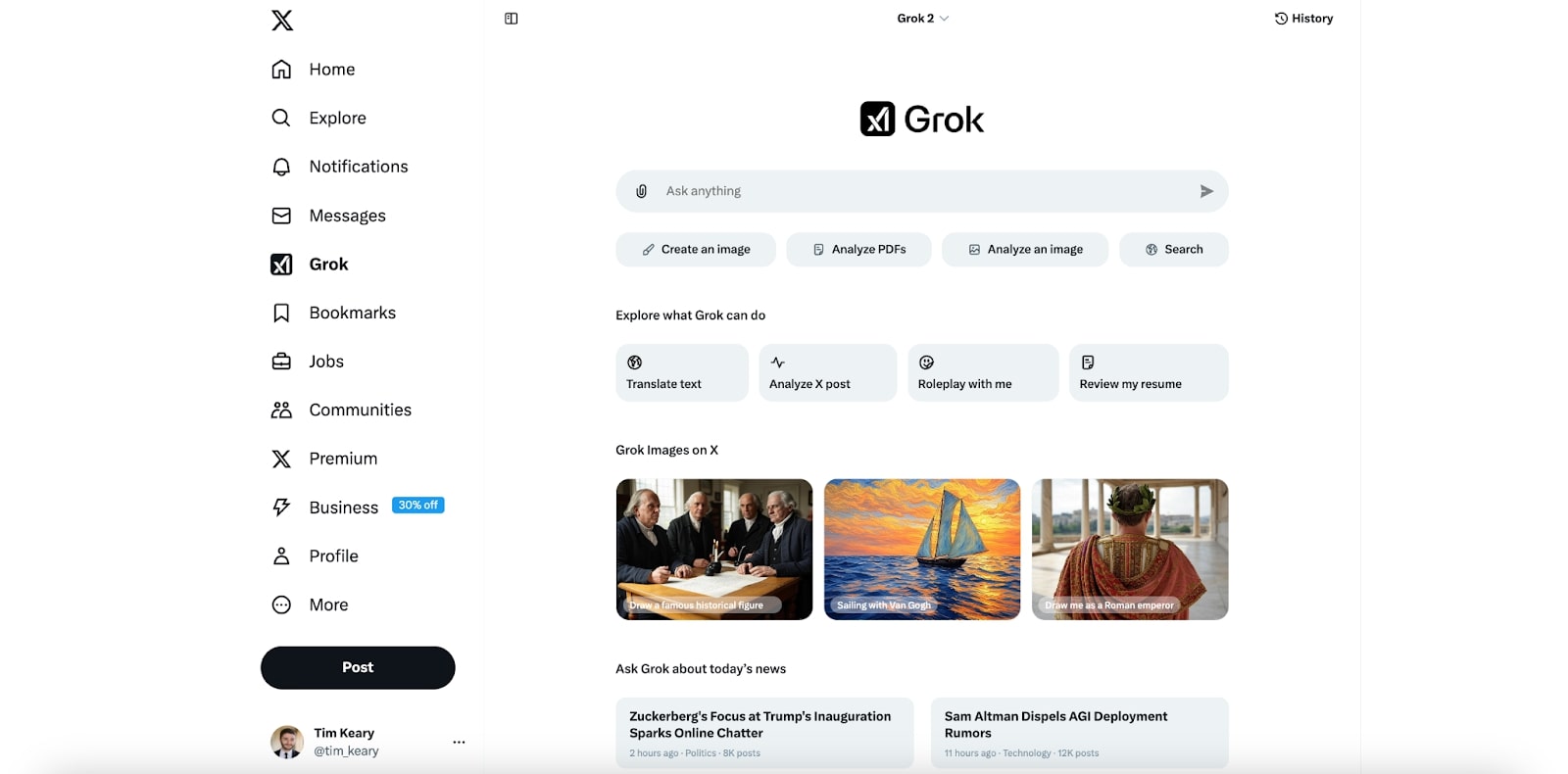 A user interface displaying the Grok features with options to create images, analyze content, and view recent news.