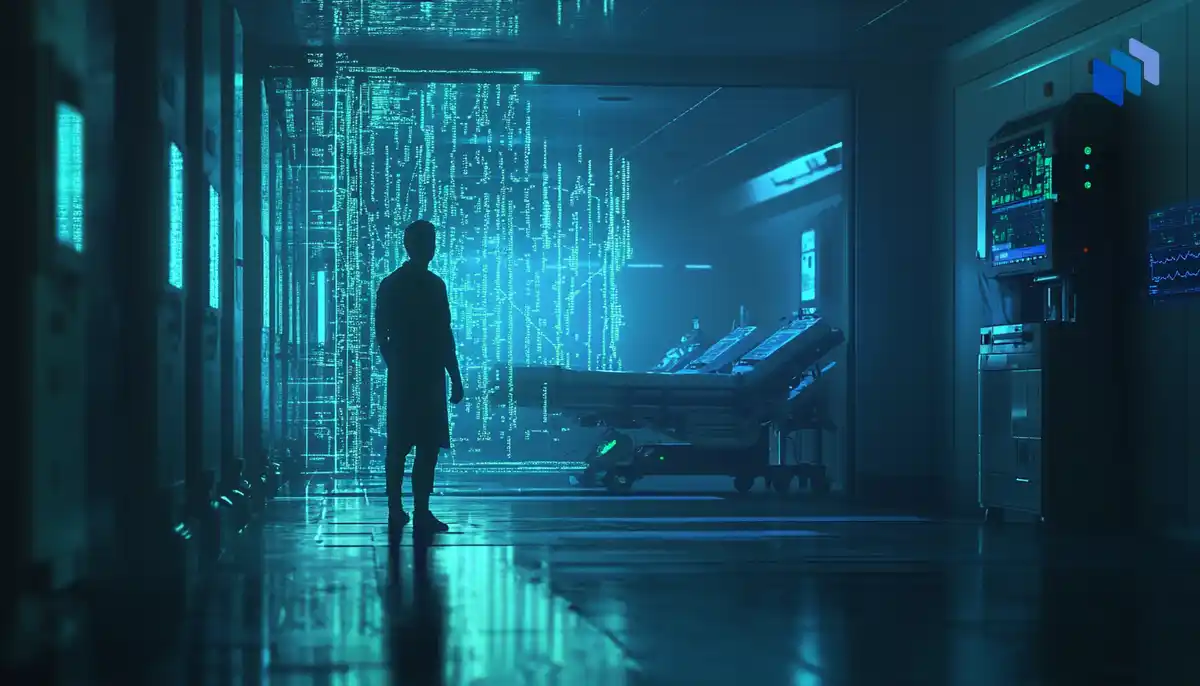 A silhouette of a person in a futuristic hospital corridor, illuminated by blue digital code and monitoring equipment nearby.