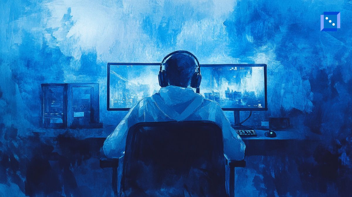 A digital painting in shades of blue depicts a gamer sitting in a dark room, immersed in a dual-monitor setup. The person, wearing headphones and a hoodie, is seen from behind, focused on the illuminated screens displaying a futuristic cityscape. The surrounding environment is painted with abstract textures, adding a sense of depth and atmosphere to the gaming scene.