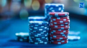Stacks of blue and red poker chips are arranged on a casino table, with a blurred background of colorful lights.