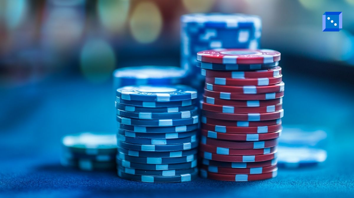 Stacks of blue and red poker chips are arranged on a casino table, with a blurred background of colorful lights.
