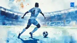 Watercolor-style digital illustration of a soccer player wearing a white jersey with the number 4, running toward the goal with a ball on a vibrant blue and white stadium background.