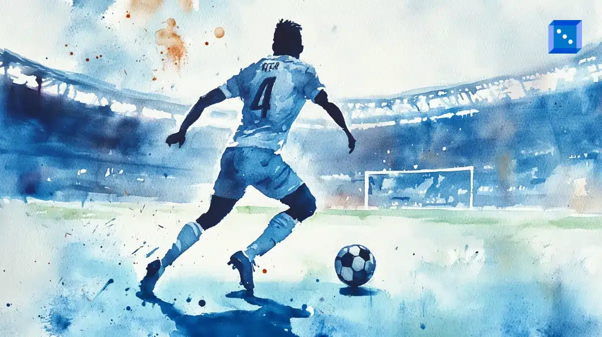 Watercolor-style digital illustration of a soccer player wearing a white jersey with the number 4, running toward the goal with a ball on a vibrant blue and white stadium background.