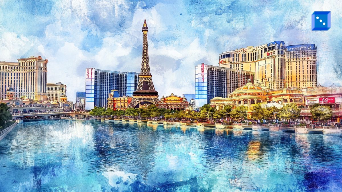 A vibrant watercolor-style digital painting of the Las Vegas Strip, featuring the Paris Las Vegas Hotel with its replica Eiffel Tower and surrounding iconic casinos. The scene captures the shimmering reflection of the cityscape in the water, with bright blue skies and lively architectural details. The artwork conveys the excitement and grandeur of the gambling capital of the world.