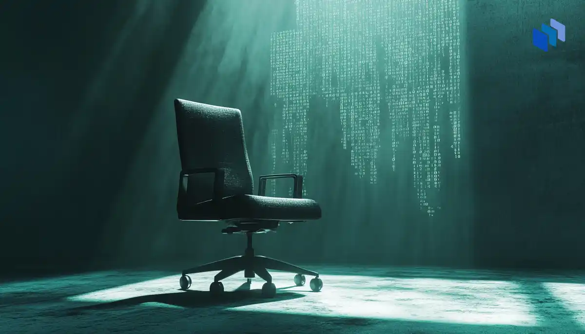 A sleek office chair illuminated by beams of light, with cascading binary code projected on the wall behind it.