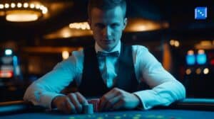 Professional casino dealer in a tuxedo and bow tie handling poker chips at a gaming table, with a confident expression in a dimly lit casino setting.
