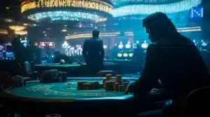 A high-stakes gambler sits at a casino table surrounded by poker chips, evoking the intense world of high-roller gambling and its financial impact.