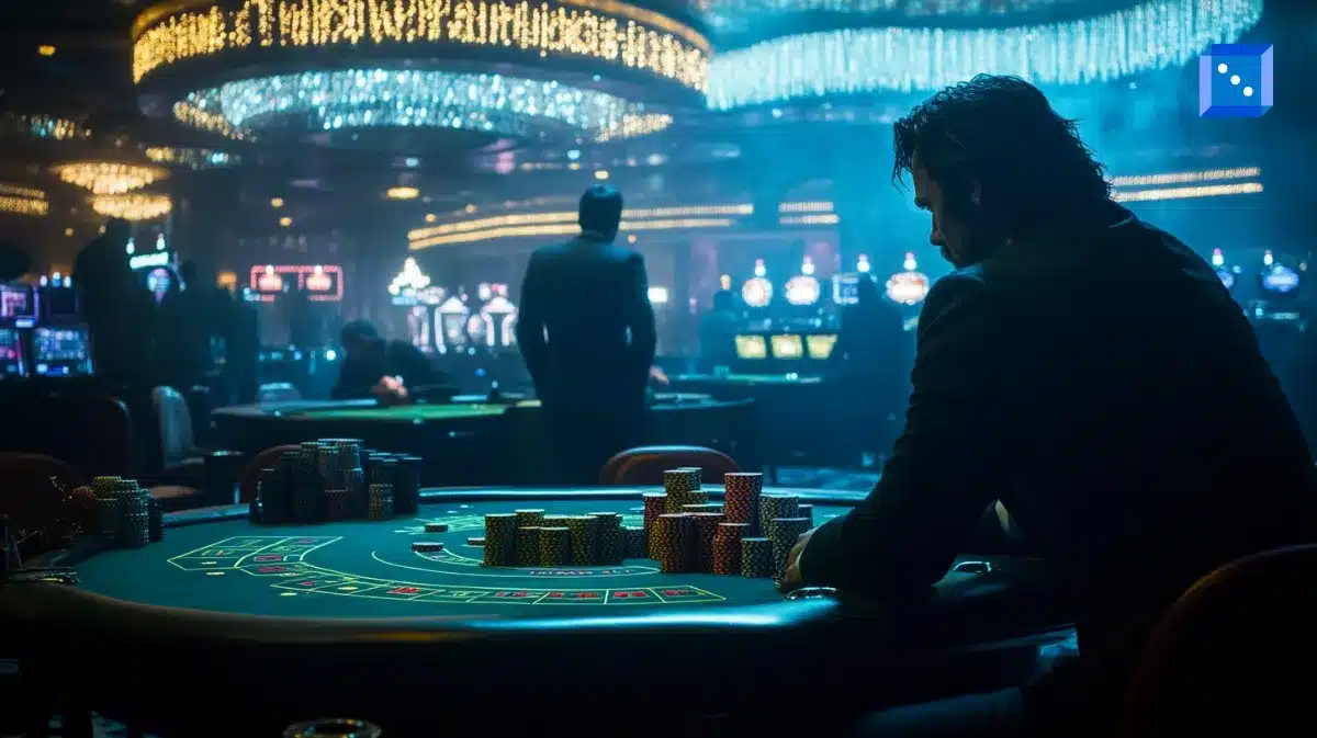 A high-stakes gambler sits at a casino table surrounded by poker chips, evoking the intense world of high-roller gambling and its financial impact.
