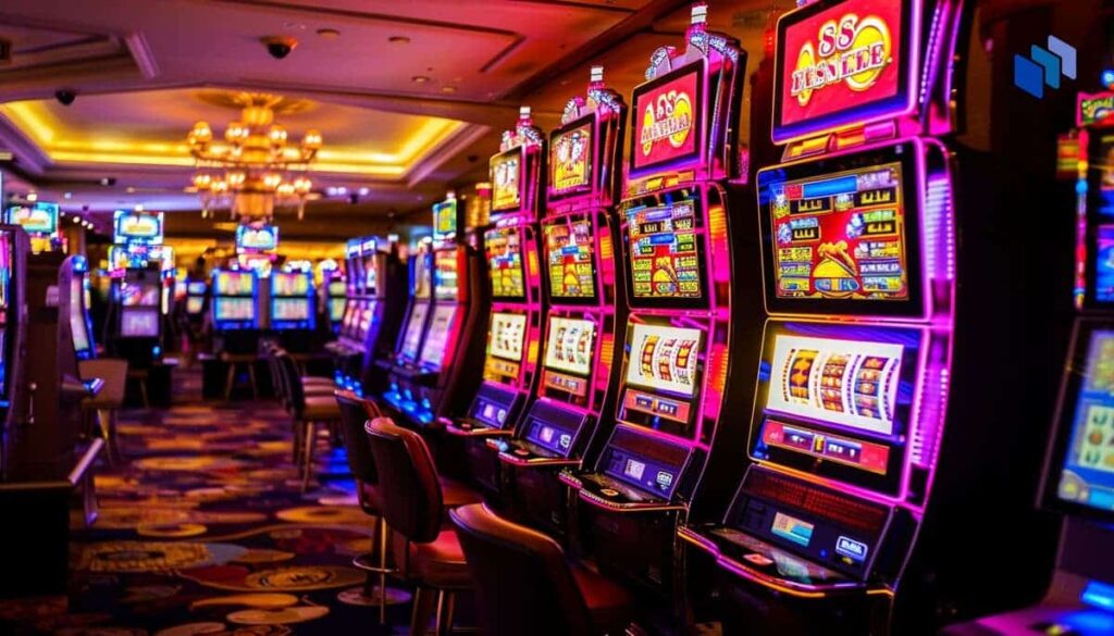 A row of colorful slot machines in a casino, illustrating strategies for maximizing winnings with a small budget.