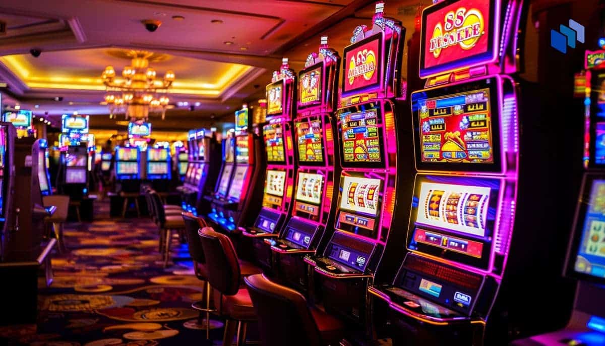 A row of colorful slot machines in a casino, illustrating strategies for maximizing winnings with a small budget.