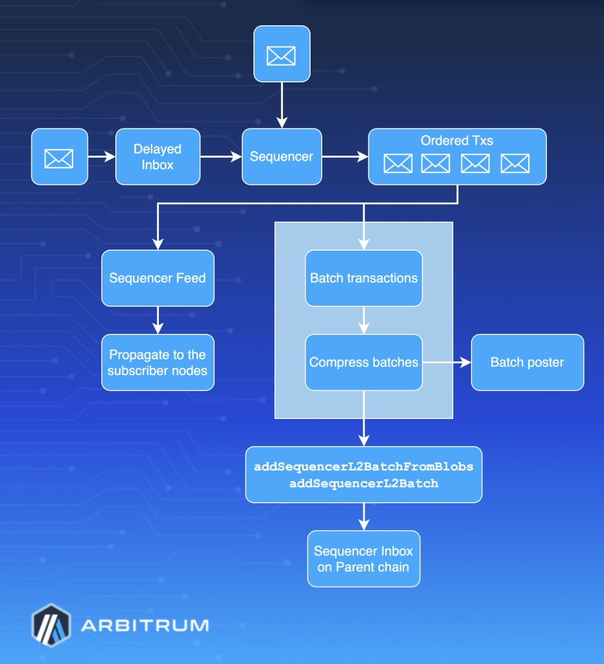 A flowchart illustrating the transaction processing system of Arbitrum, detailing sequencer operations and batch transaction handling.