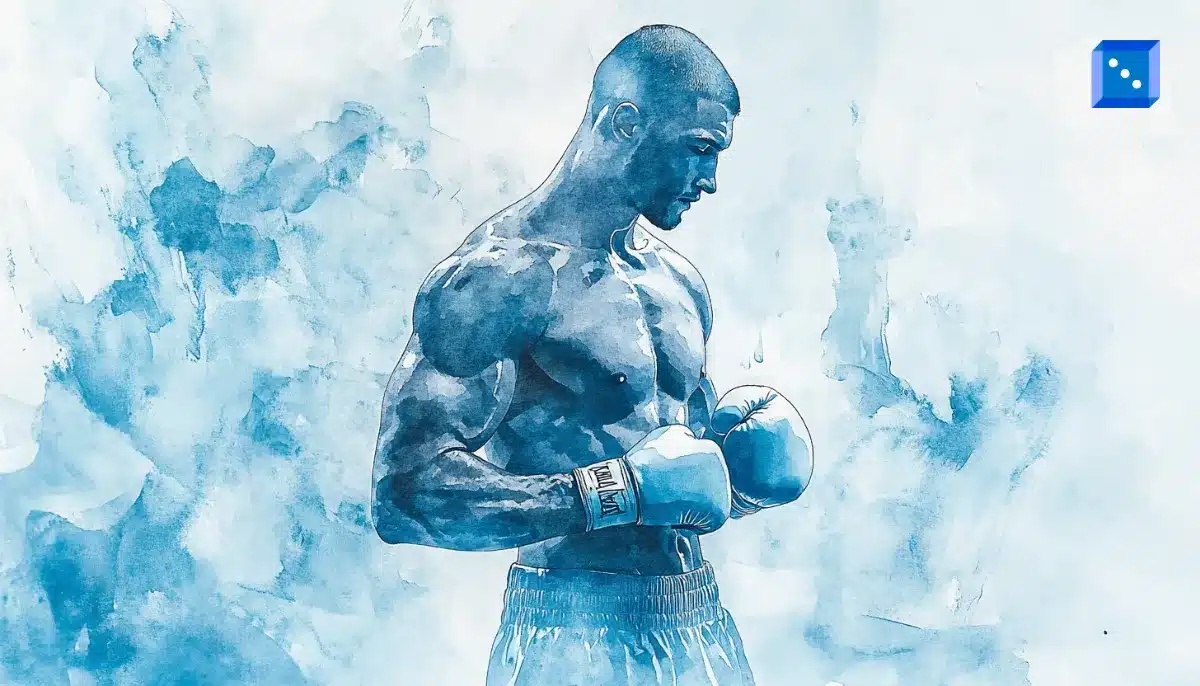 A muscular boxer stands confidently with clenched fists, surrounded by a watercolor backdrop in shades of blue.