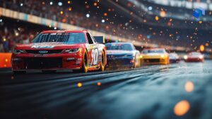A high-speed NASCAR race with a red stock car leading the pack on a racetrack, sparks flying as the cars accelerate.