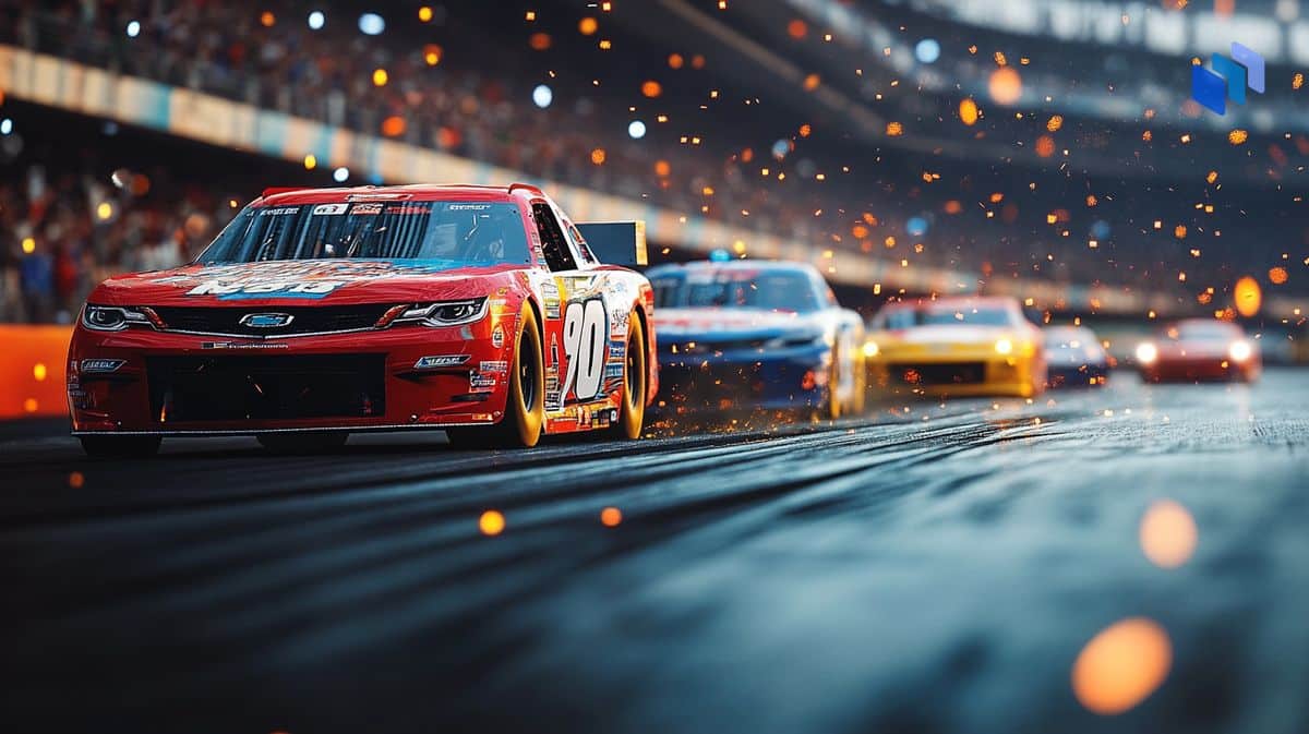 A high-speed NASCAR race with a red stock car leading the pack on a racetrack, sparks flying as the cars accelerate.