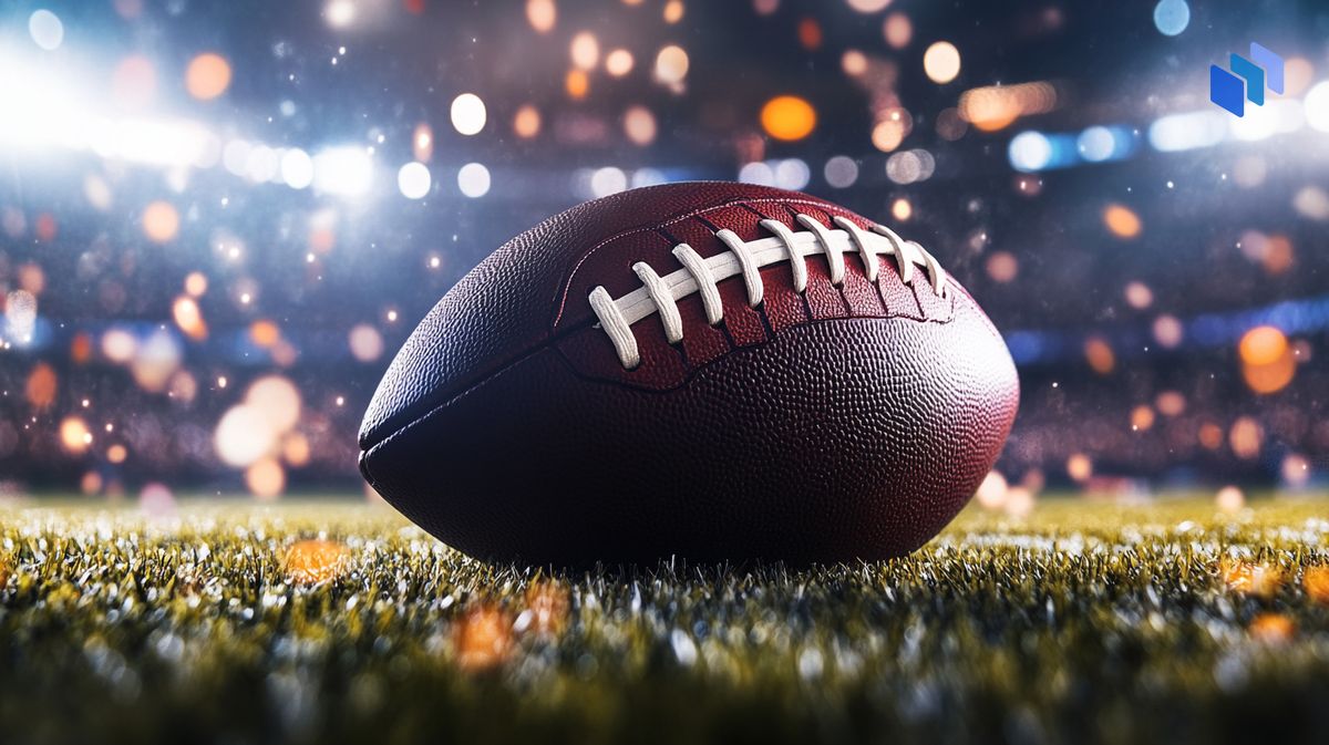 A close-up of an American football resting on the field under bright stadium lights, with dramatic bokeh lighting effects in the background.