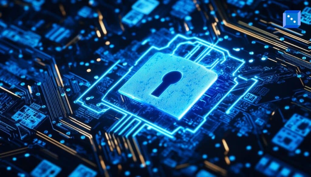 A glowing blue digital padlock icon overlaid on a circuit board, symbolizing cybersecurity, encryption, and data protection in a high-tech environment.