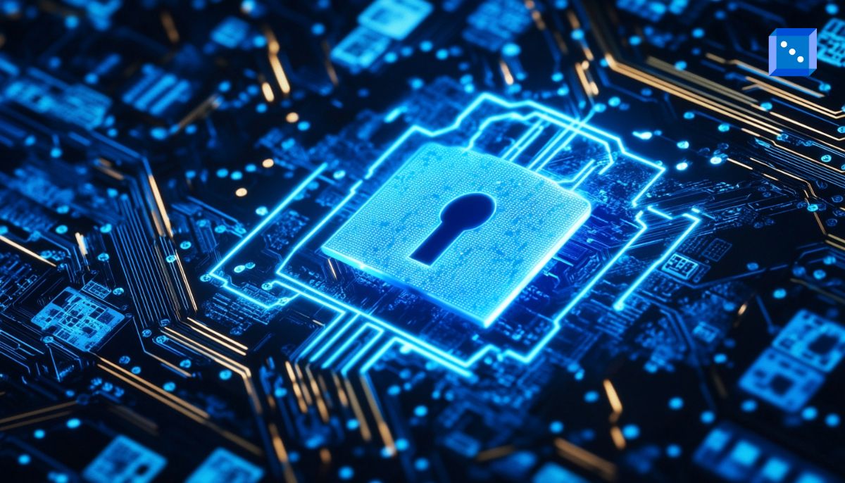 A glowing blue digital padlock icon overlaid on a circuit board, symbolizing cybersecurity, encryption, and data protection in a high-tech environment.