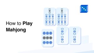 Graphic promoting "How to Play Mahjong" with illustrated Mahjong tiles and a die, set against a clean white background.