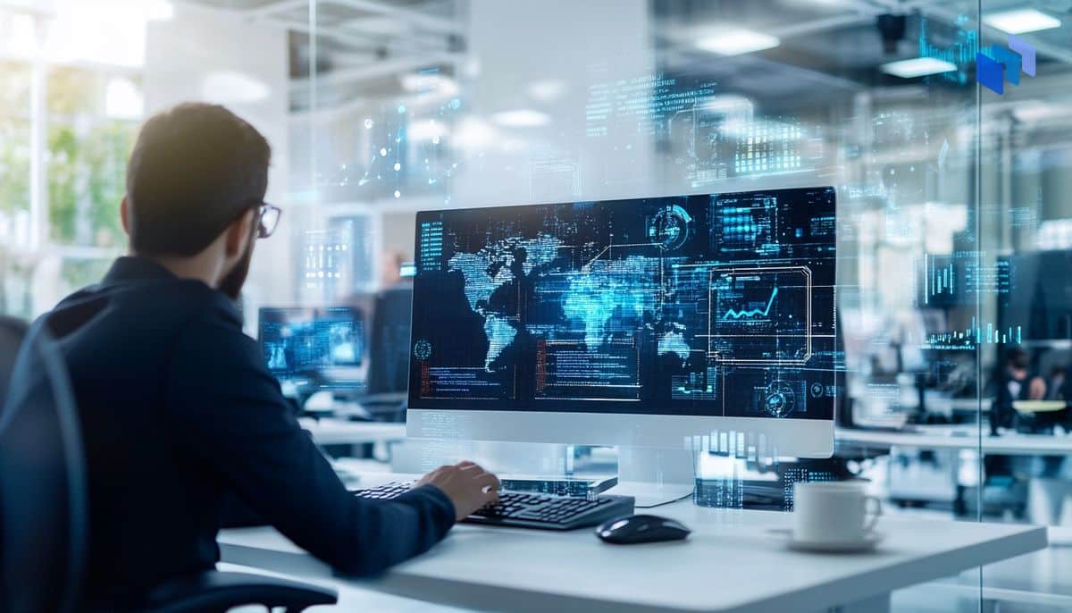 A professional at a computer in a modern office, surrounded by digital graphics and AI-powered data visualizations, symbolizing business transformation through AI.