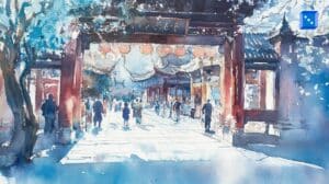 A serene watercolor-style digital painting of a traditional Chinese temple entrance, adorned with red lanterns and intricate wooden beams. The scene captures a lively yet peaceful atmosphere with people strolling under the soft sunlight, blending culture, history, and daily life in China.