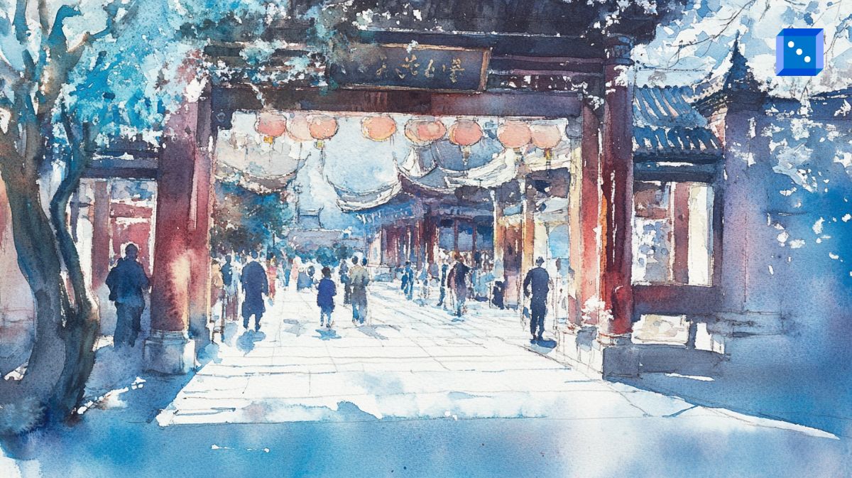 A serene watercolor-style digital painting of a traditional Chinese temple entrance, adorned with red lanterns and intricate wooden beams. The scene captures a lively yet peaceful atmosphere with people strolling under the soft sunlight, blending culture, history, and daily life in China.