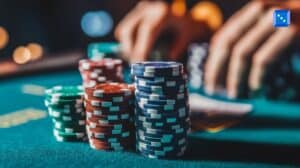 A close-up of colorful poker chips stacked on a green casino table, with blurred hands in the background reaching for more chips, creating a tense and high-stakes gambling atmosphere.”