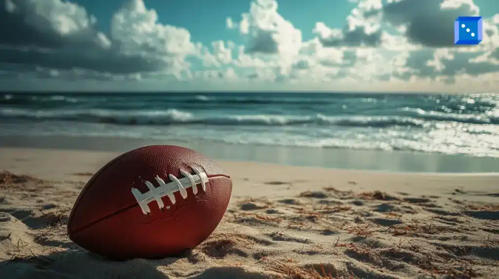An American football rests on a sandy beach with ocean waves rolling in the background. The sky is partly cloudy, with sunlight reflecting off the water. A small blue icon with white dots is positioned in the upper right corner.