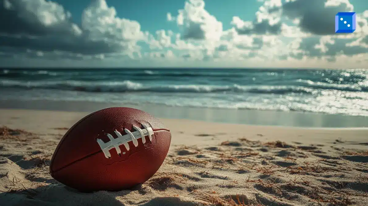 An American football rests on a sandy beach with ocean waves rolling in the background. The sky is partly cloudy, with sunlight reflecting off the water. A small blue icon with white dots is positioned in the upper right corner.