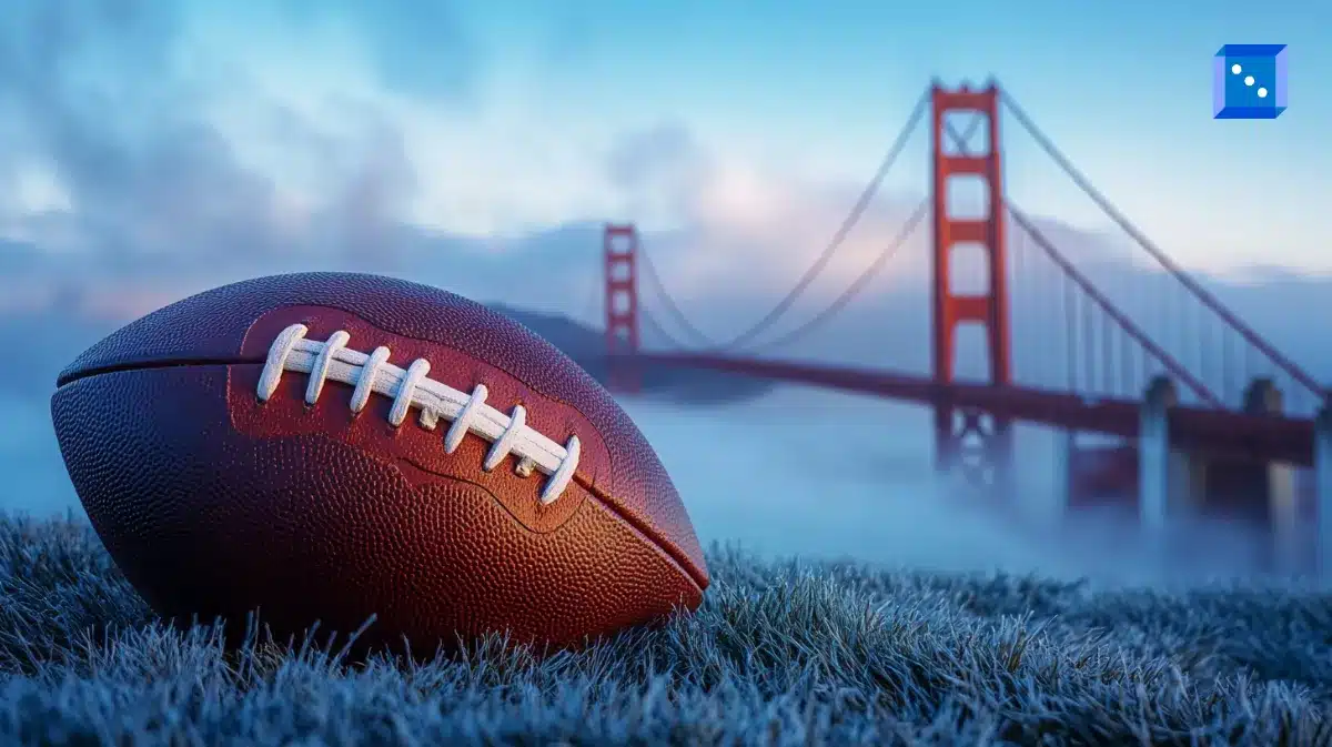 A close-up of an American football resting on frost-covered grass with the Golden Gate Bridge in the background, partially covered in mist. The sky displays a blend of blue and pink hues, adding depth to the image. A small blue icon with white dots is located in the upper right corner.